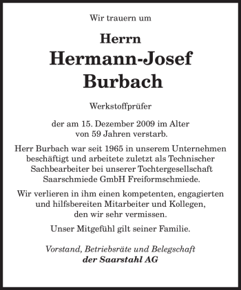 Traueranzeige von Hermann-Josef Burbach von SAARBRÜCKER ZEITUNG