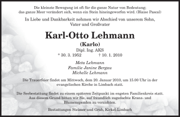 Traueranzeige von Karl-Otto Lehmann von SAARBRÜCKER ZEITUNG