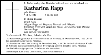 Traueranzeige von Katharina Rapp von SAARBRÜCKER ZEITUNG