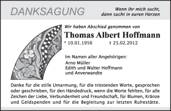 Traueranzeige von Thomas Albert Hoffmann von SAARBRÜCKER ZEITUNG