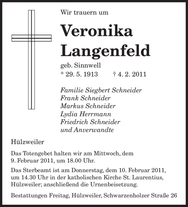  Traueranzeige für Veronika Langenfeld vom 08.02.2011 aus SAARBRÜCKER ZEITUNG