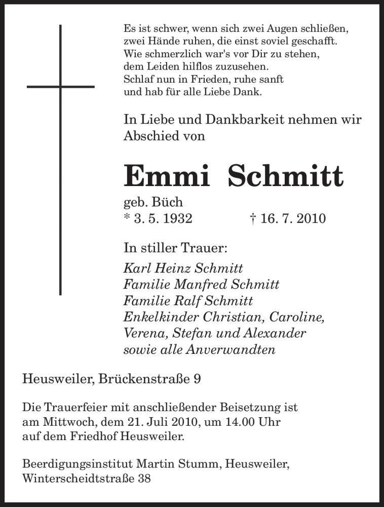  Traueranzeige für Emmi Schmitt vom 19.07.2010 aus SAARBRÜCKER ZEITUNG