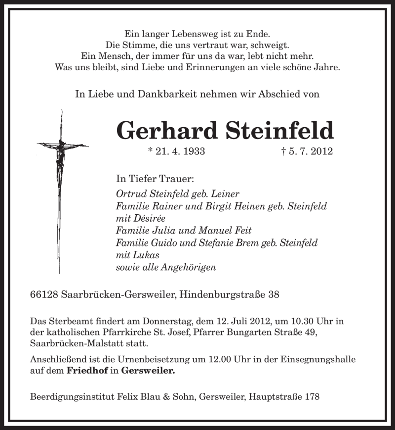  Traueranzeige für Gerhard Steinfeld vom 09.07.2012 aus SAARBRÜCKER ZEITUNG