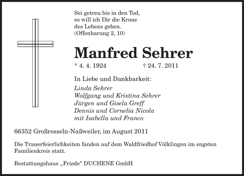  Traueranzeige für Manfred Sehrer vom 06.08.2011 aus SAARBRÜCKER ZEITUNG