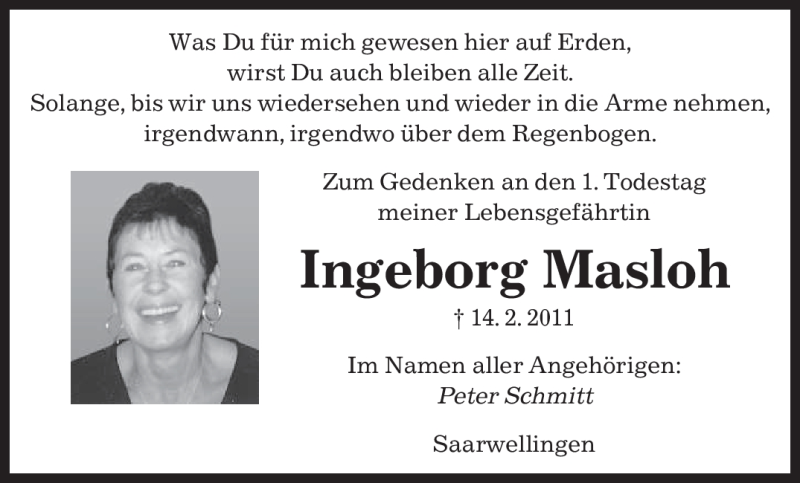  Traueranzeige für Ingeborg Masloh vom 14.02.2012 aus SAARBRÜCKER ZEITUNG