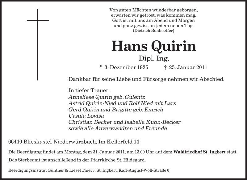  Traueranzeige für Hans Quirin vom 27.01.2011 aus SAARBRÜCKER ZEITUNG