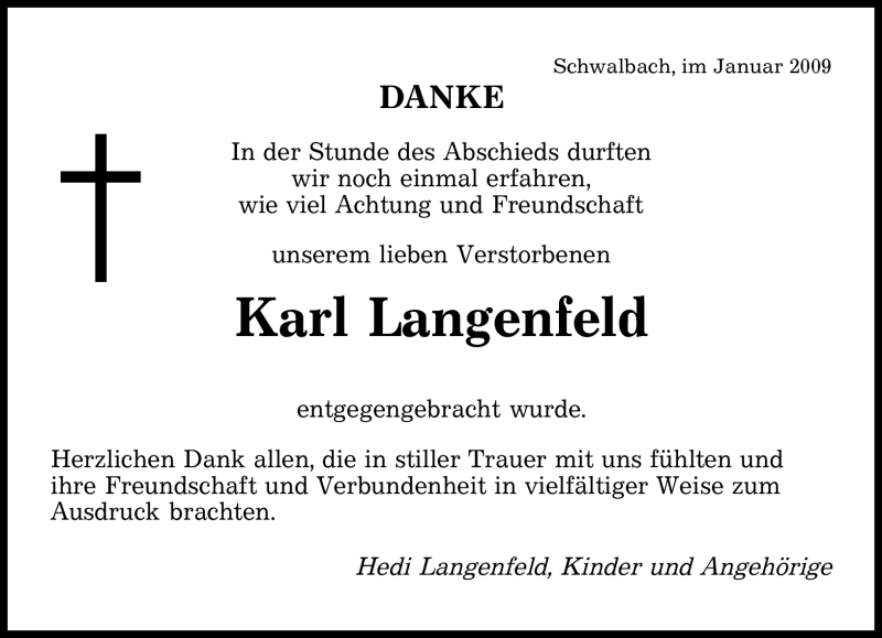  Traueranzeige für Karl Langenfeld vom 02.01.2009 aus SAARBRÜCKER ZEITUNG