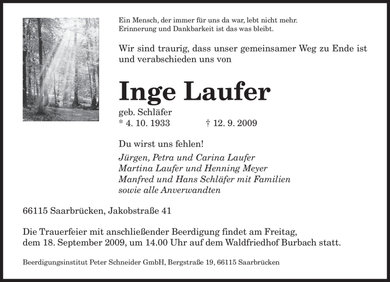  Traueranzeige für Inge Laufer vom 16.09.2009 aus SAARBRÜCKER ZEITUNG