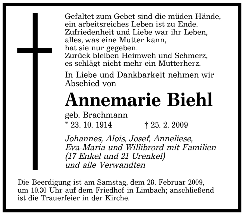 Traueranzeige für Annemarie Biehl vom 27.02.2009 aus SAARBRÜCKER ZEITUNG