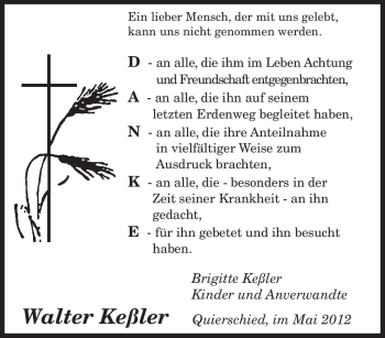 Traueranzeige von Walter Keßler von SAARBRÜCKER ZEITUNG