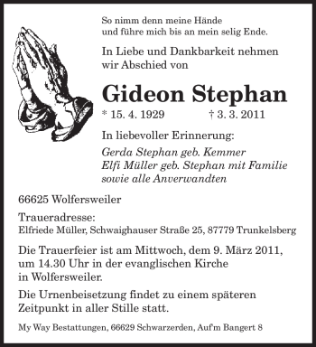 Traueranzeige von Gideon Stephan von SAARBRÜCKER ZEITUNG