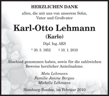 Traueranzeige von Karl-Otto Lehmann von SAARBRÜCKER ZEITUNG