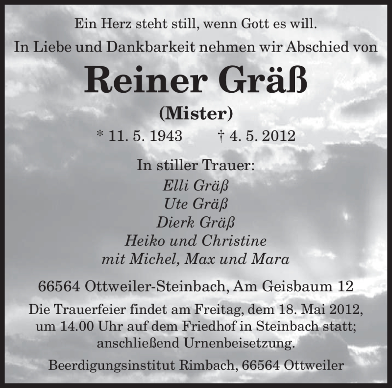  Traueranzeige für Reiner Gräß vom 15.05.2012 aus SAARBRÜCKER ZEITUNG