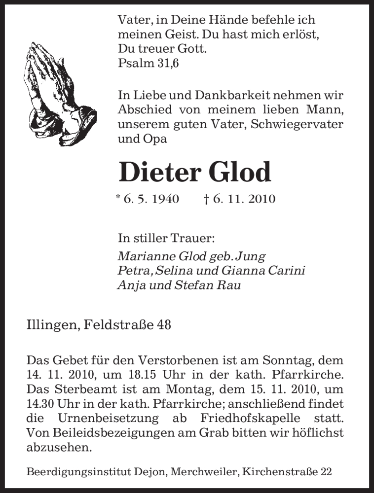  Traueranzeige für Dieter Glod vom 11.11.2010 aus SAARBRÜCKER ZEITUNG