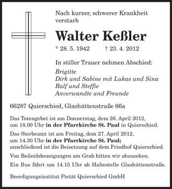 Traueranzeige von Walter Keßler von SAARBRÜCKER ZEITUNG