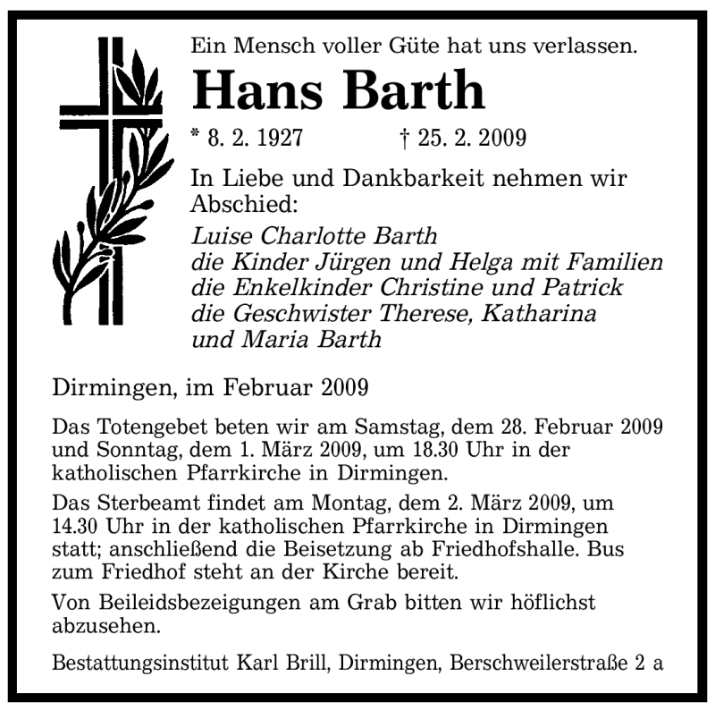  Traueranzeige für Hans Barth vom 27.02.2009 aus SAARBRÜCKER ZEITUNG