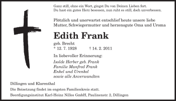 Traueranzeige von Edith Frank von SAARBRÜCKER ZEITUNG