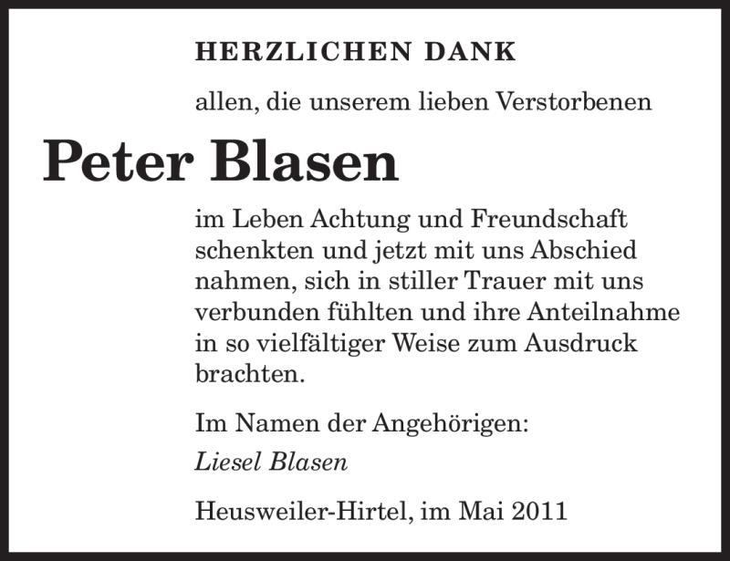  Traueranzeige für Peter Blasen vom 04.06.2011 aus SAARBRÜCKER ZEITUNG