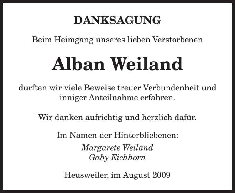  Traueranzeige für Alban Weiland vom 19.08.2009 aus SAARBRÜCKER ZEITUNG
