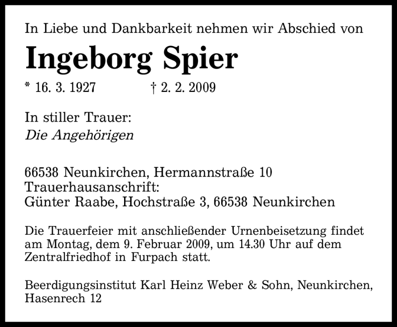  Traueranzeige für Ingeborg Spier vom 06.02.2009 aus SAARBRÜCKER ZEITUNG