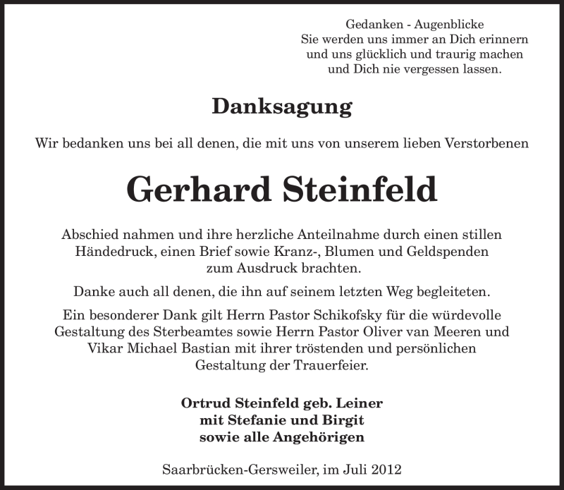  Traueranzeige für Gerhard Steinfeld vom 28.07.2012 aus SAARBRÜCKER ZEITUNG