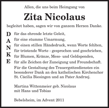 Traueranzeige von Zita Nicolaus von SAARBRÜCKER ZEITUNG