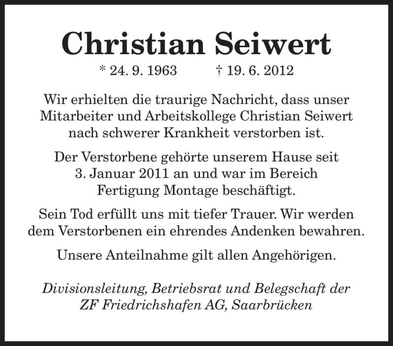  Traueranzeige für Christian Seiwert vom 26.06.2012 aus SAARBRÜCKER ZEITUNG