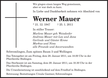 Traueranzeige von Werner Mauer von SAARBRÜCKER ZEITUNG