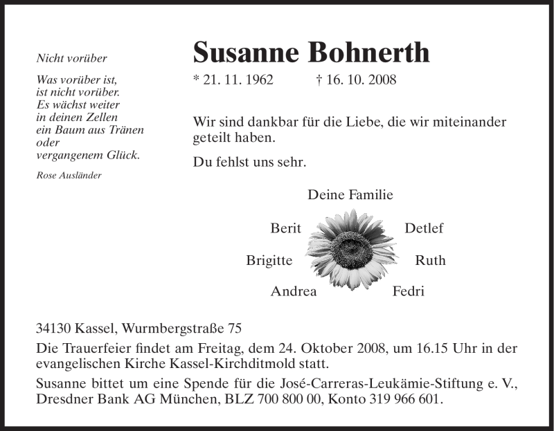  Traueranzeige für Susanne Bohnerth vom 22.10.2008 aus 