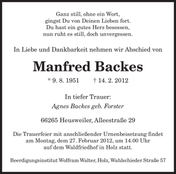 Traueranzeige von Manfred Backes von SAARBRÜCKER ZEITUNG