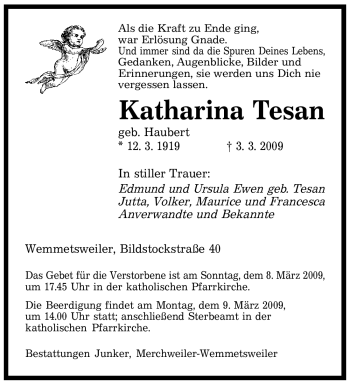 Traueranzeige von Katharina Tesan von SAARBRÜCKER ZEITUNG