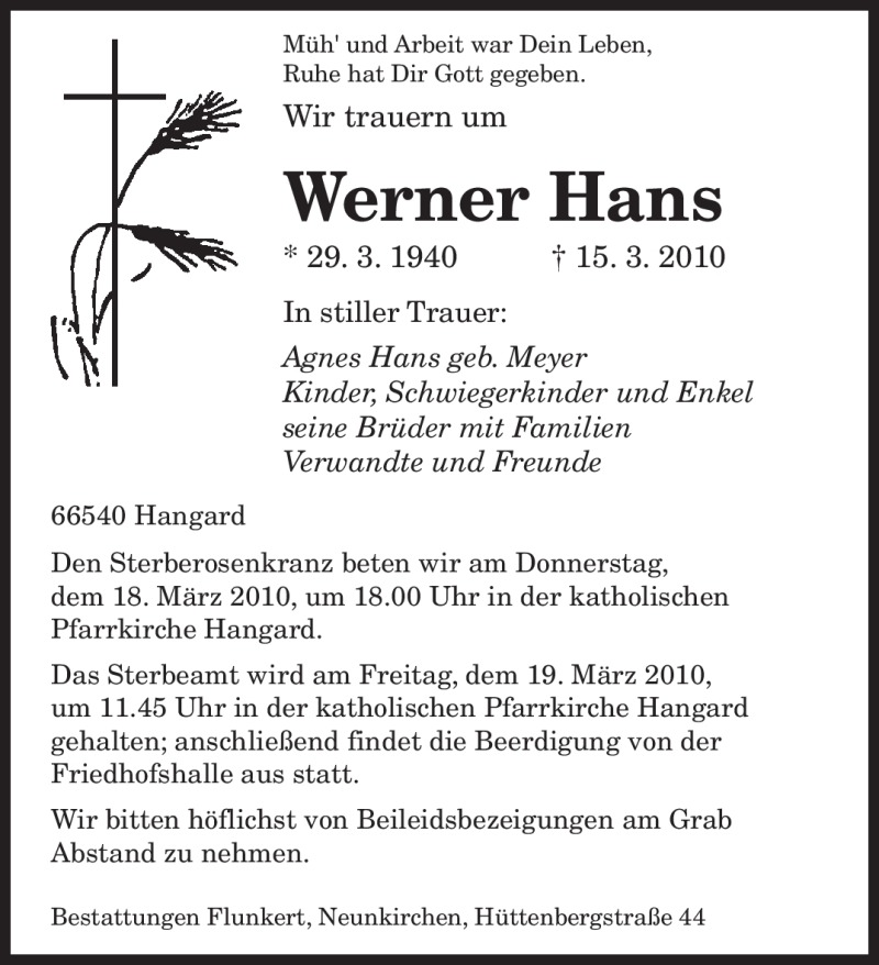  Traueranzeige für Werner Hans vom 17.03.2010 aus SAARBRÜCKER ZEITUNG