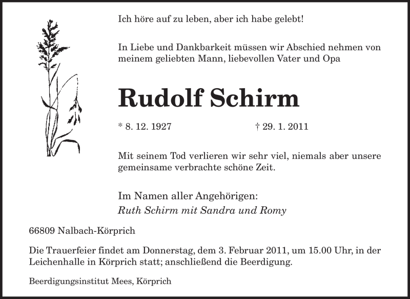  Traueranzeige für Rudolf Schirm vom 01.02.2011 aus SAARBRÜCKER ZEITUNG