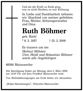 Traueranzeige von Ruth Böhmer von SAARBRÜCKER ZEITUNG