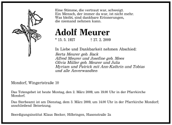 Traueranzeige von Adolf Meurer von SAARBRÜCKER ZEITUNG