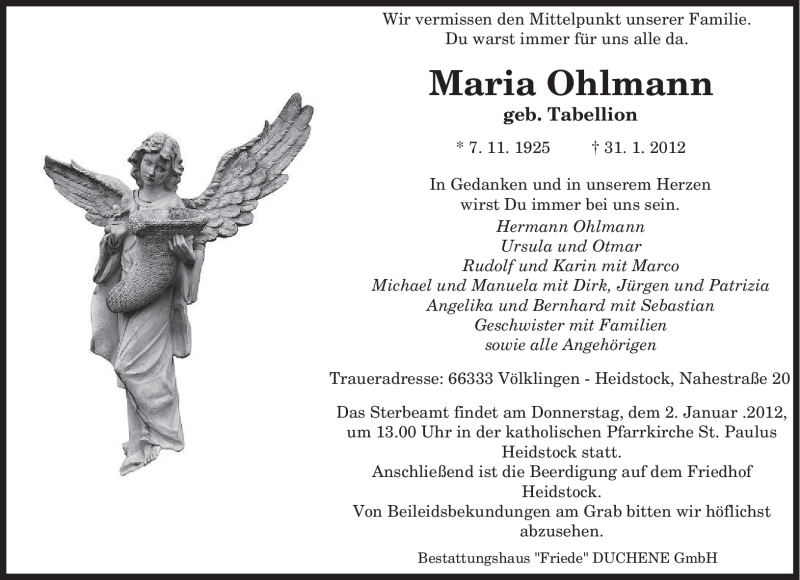  Traueranzeige für Maria Ohlmann vom 01.02.2012 aus SAARBRÜCKER ZEITUNG