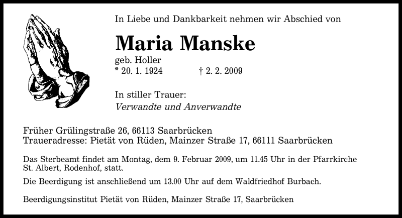  Traueranzeige für Maria Manske vom 07.02.2009 aus SAARBRÜCKER ZEITUNG