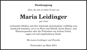 Traueranzeige von Maria Leidinger von SAARBRÜCKER ZEITUNG