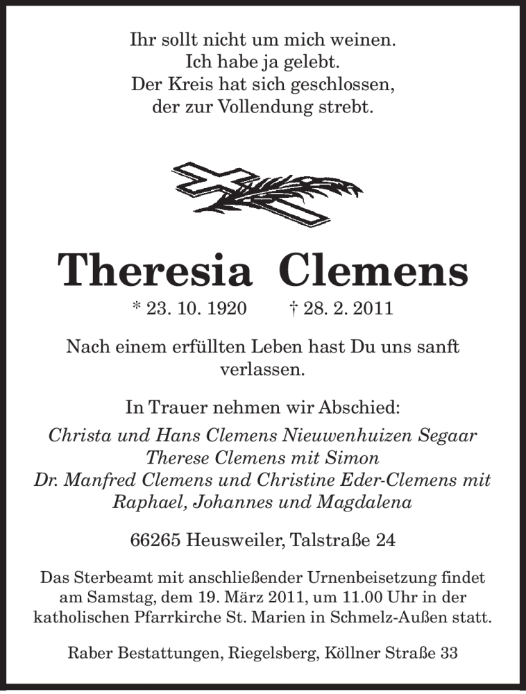  Traueranzeige für Theresia Clemens vom 15.03.2011 aus SAARBRÜCKER ZEITUNG
