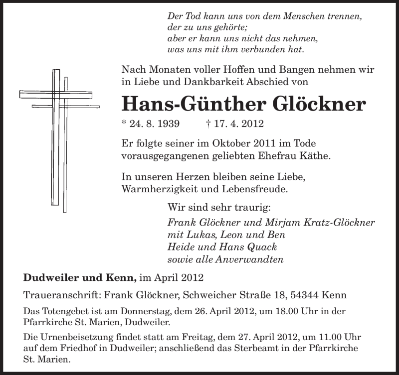  Traueranzeige für Hans-Günther Glöckner vom 25.04.2012 aus SAARBRÜCKER ZEITUNG