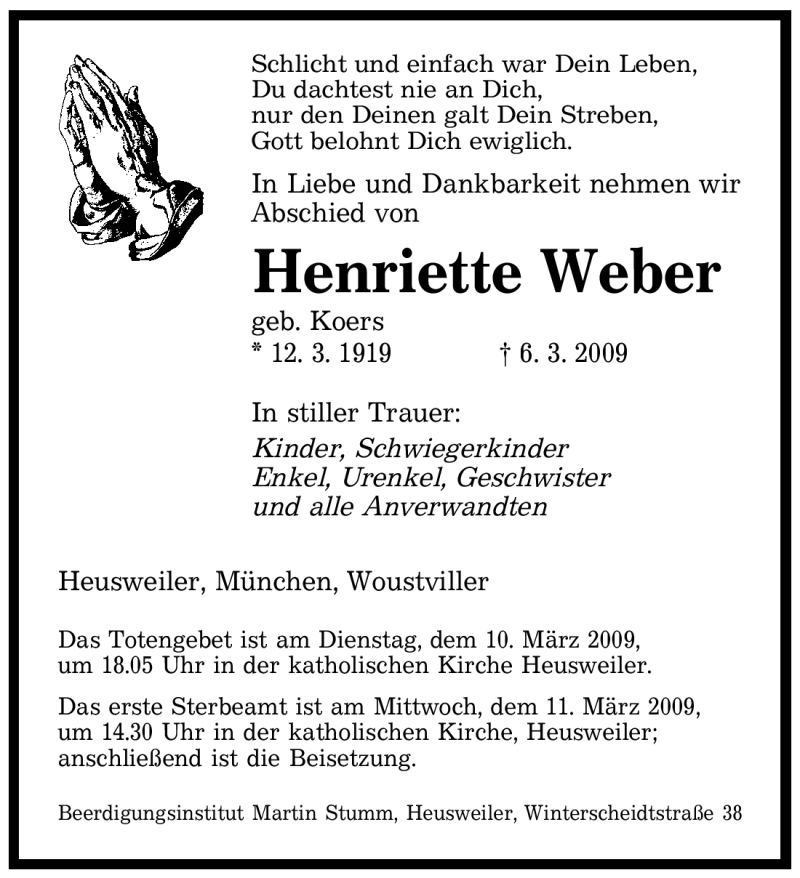  Traueranzeige für Henriette Weber vom 09.03.2009 aus SAARBRÜCKER ZEITUNG