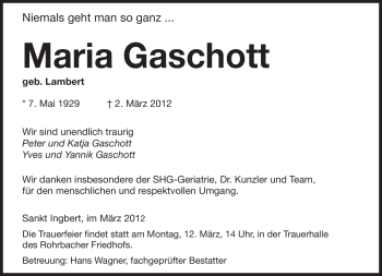 Traueranzeige von Maria Gaschott von SAARBRÜCKER ZEITUNG