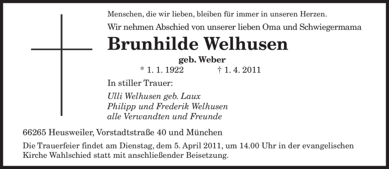  Traueranzeige für Brunhilde Welhusen vom 02.04.2011 aus SAARBRÜCKER ZEITUNG