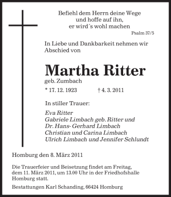 Traueranzeige von Martha Ritter von SAARBRÜCKER ZEITUNG