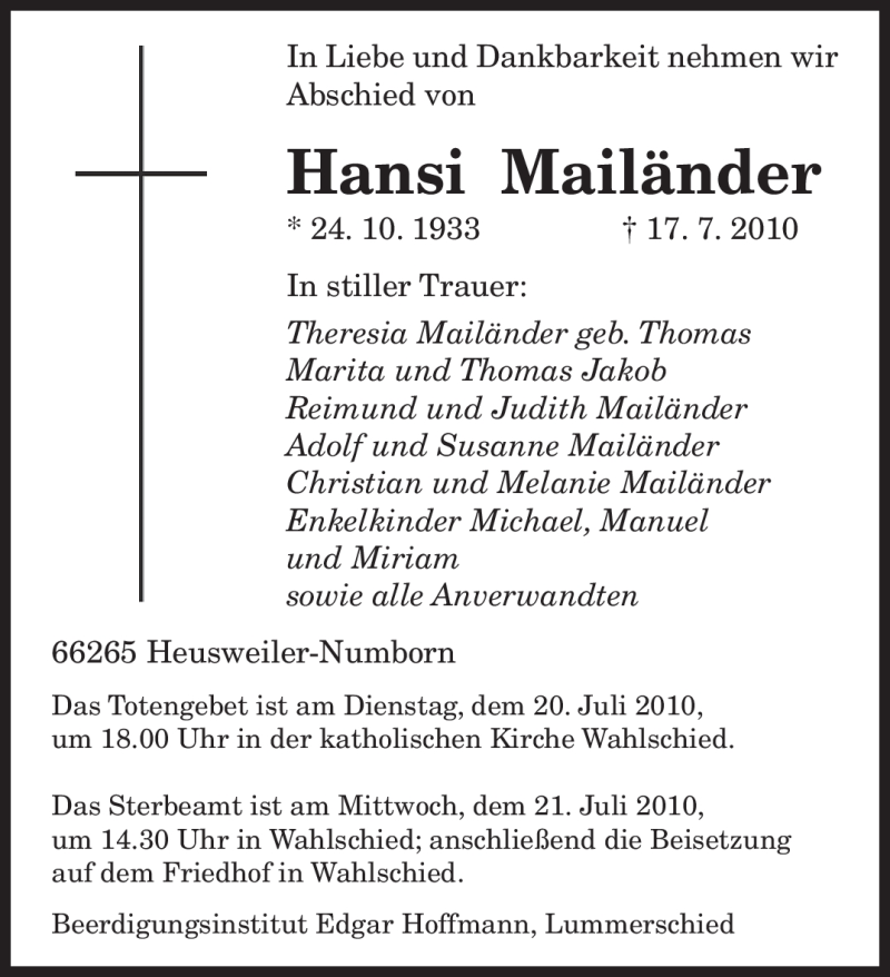  Traueranzeige für Hansi Mailänder vom 19.07.2010 aus SAARBRÜCKER ZEITUNG