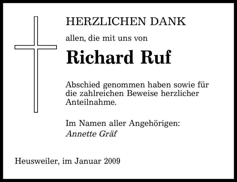  Traueranzeige für Richard Ruf vom 02.01.2009 aus SAARBRÜCKER ZEITUNG