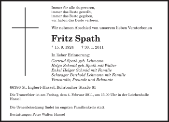 Traueranzeige von Fritz Spath von SAARBRÜCKER ZEITUNG