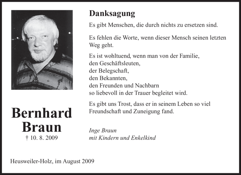  Traueranzeige für Bernhard Braun vom 29.08.2009 aus SAARBRÜCKER ZEITUNG