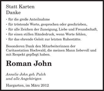 Traueranzeige von Roman John von SAARBRÜCKER ZEITUNG