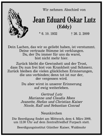 Traueranzeige von Jean Eduard Oskar Lutz von SAARBRÜCKER ZEITUNG